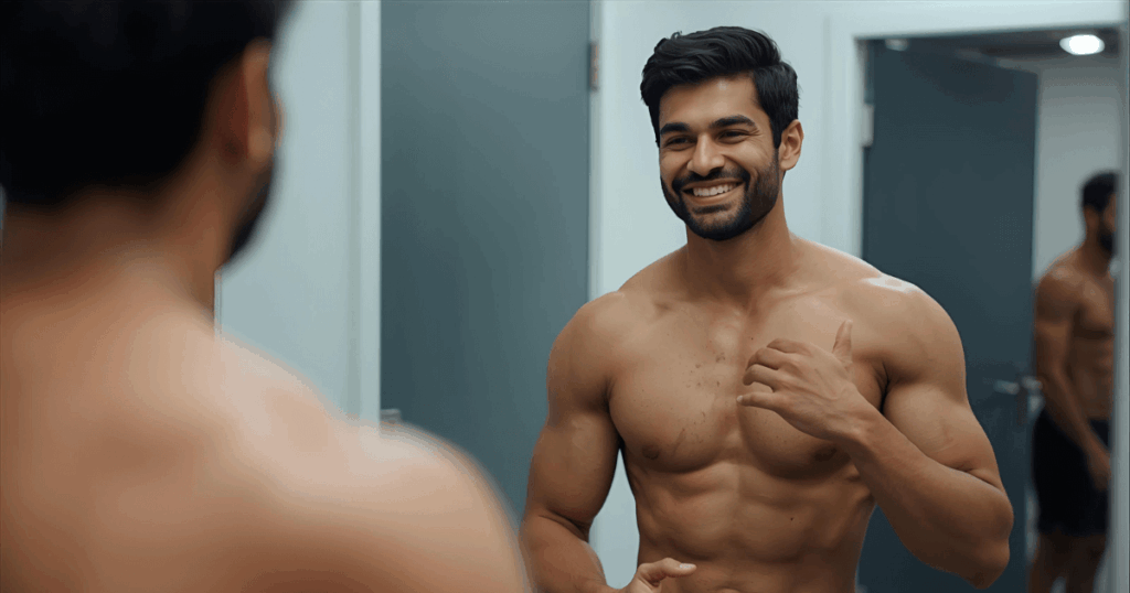 鏡の前で引き締まった体を確認する笑顔の男性