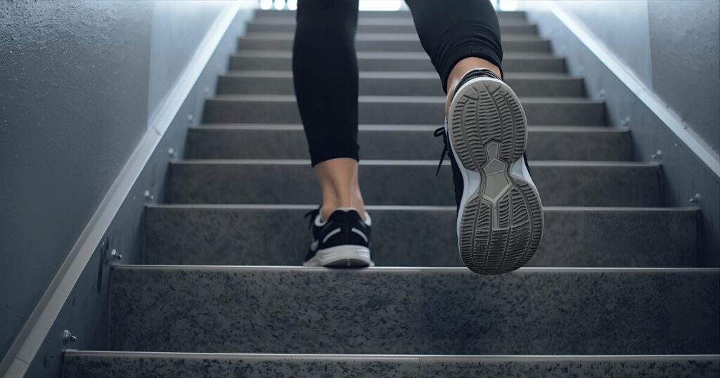 階段を一歩ずつ上っていく人の足元
