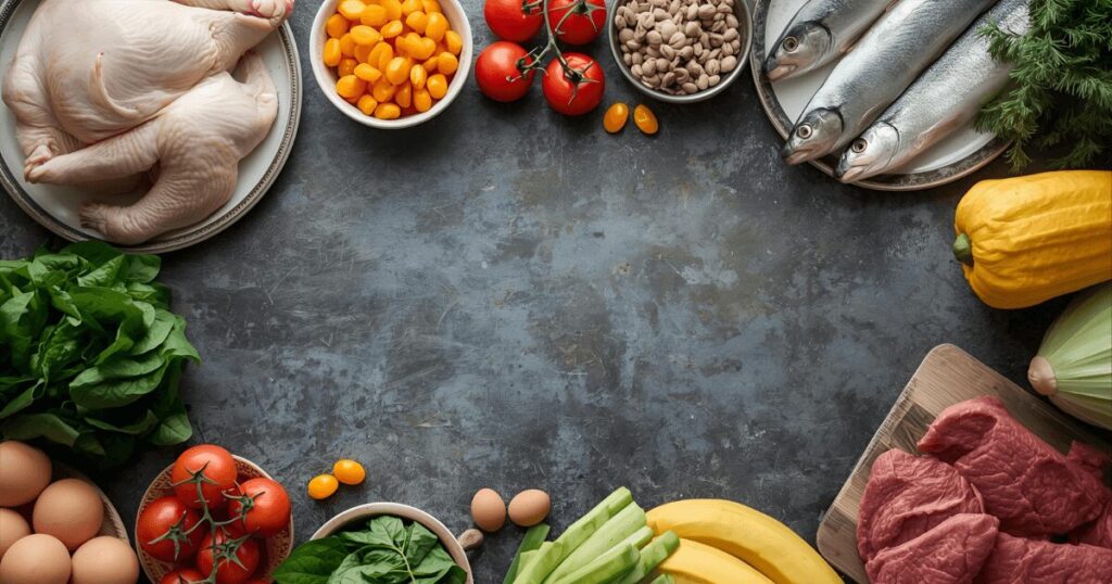 BCAAが豊富な食品である鶏肉、卵、魚が並んだ食卓