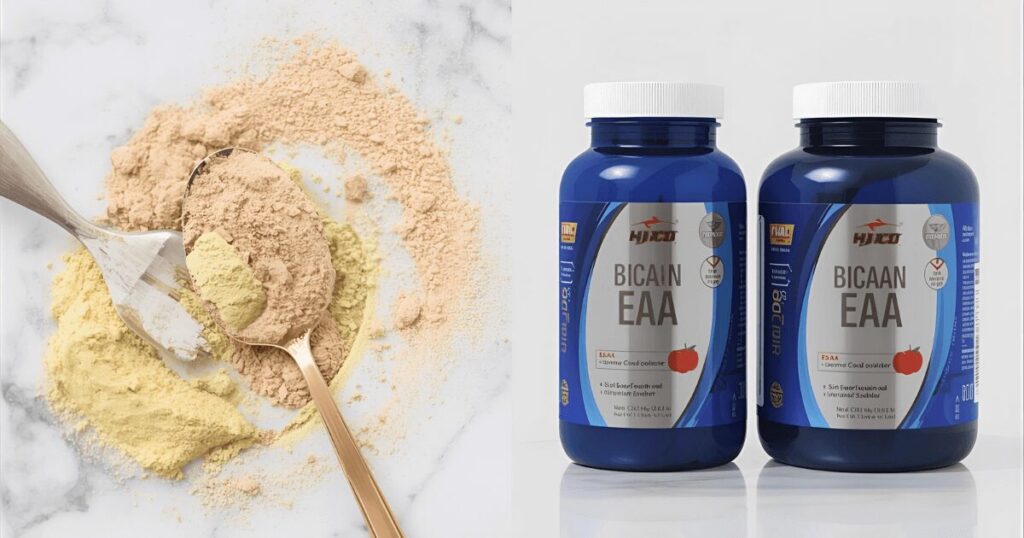 BCAAとEAAのサプリメントパウダーを比較している様子