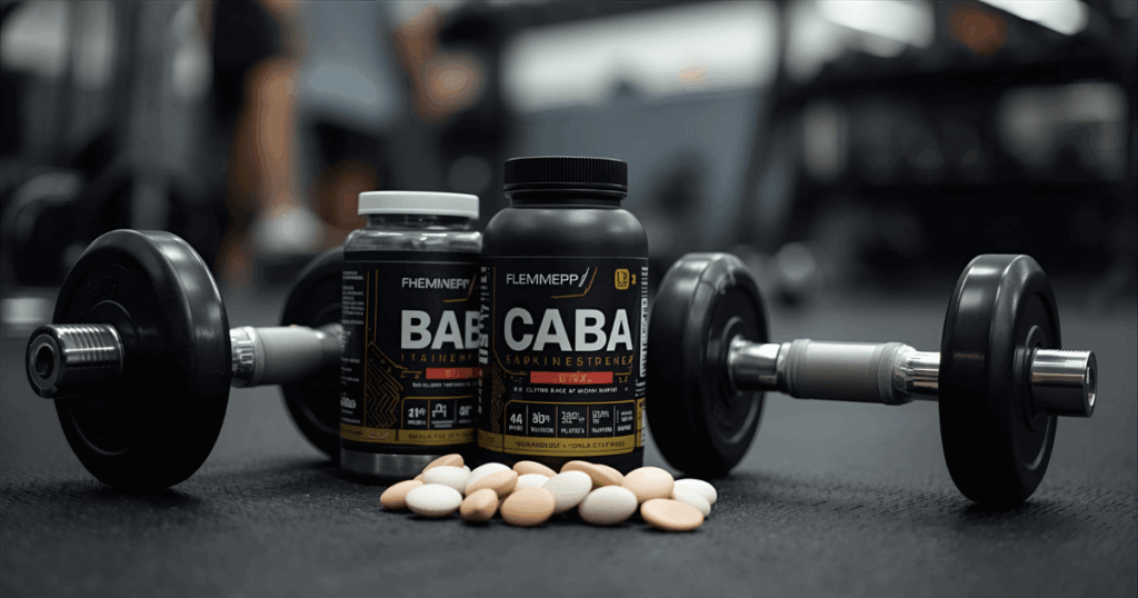 BCAAサプリメントとダンベルが置かれたトレーニング風景