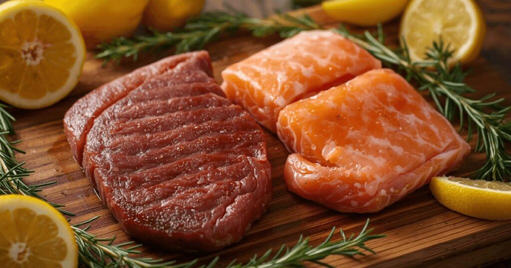 クレアチンを多く含む牛肉とサーモンの食材