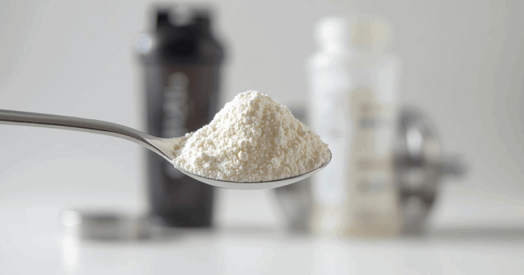 クレアチンパウダーと計量スプーンのクローズアップ