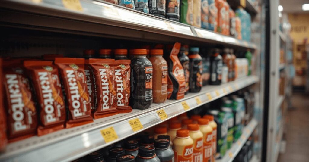 コンビニのプロテイン商品棚のイメージ