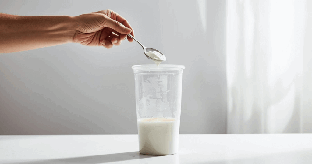 シェイカーにクレアチンパウダーを入れている様子。実用的で分かりやすいイメージ