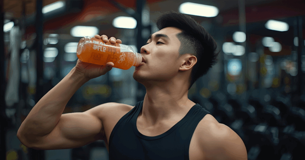 ジムでBCAAドリンクを飲んでいるトレーニング中の男性