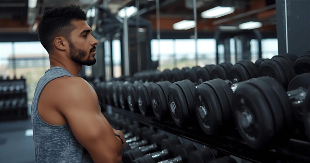 ジムでダンベルを持って悩んでいる初心者の様子