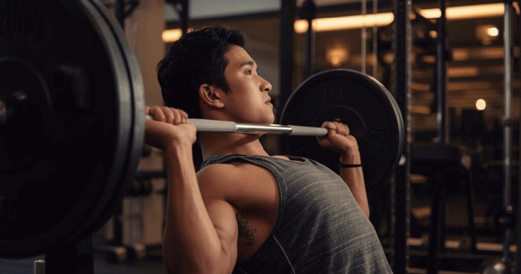 ジムでベンチプレスに挑戦する男性のトレーニング風景