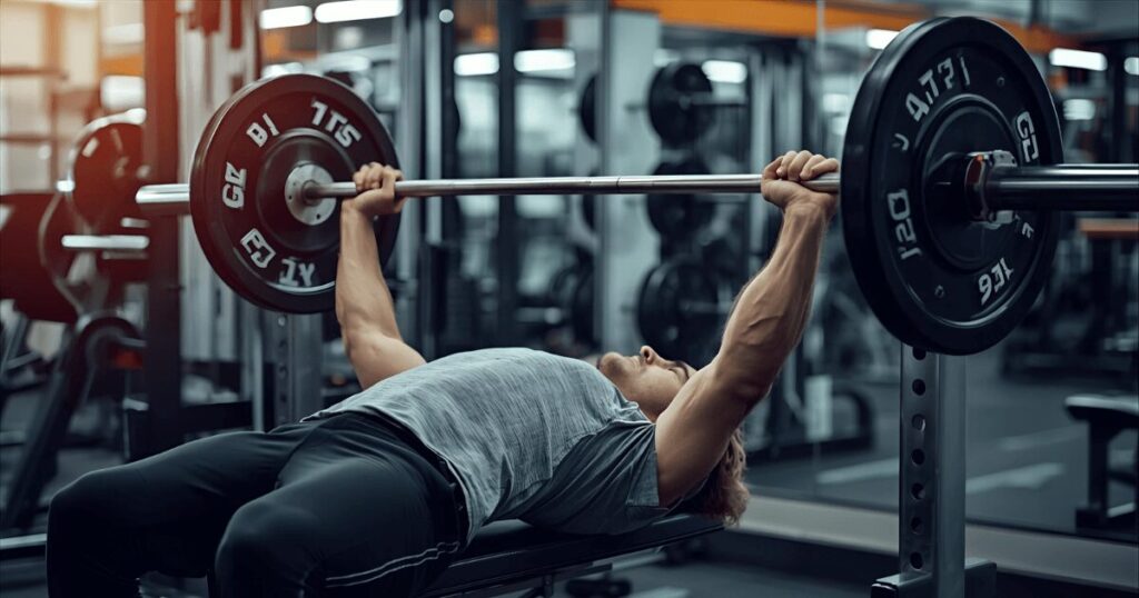 バーベルを使ってベンチプレスをする男性