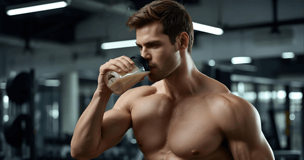 プロテインを飲む筋トレ後の男性