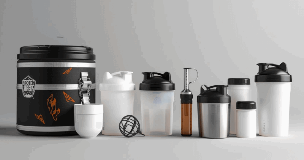 プロテインケースやファンネルなど持ち運び容器が並んでいる様子