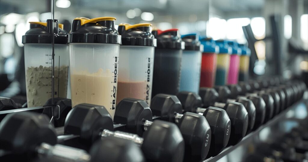 プロテインシェイカーとダンベルが並んでいる様子