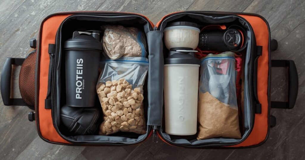 旅行カバンとプロテイン関連グッズが並んでいる様子