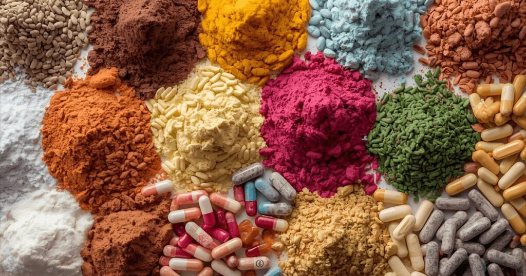 様々なサプリメントが並んでいる様子