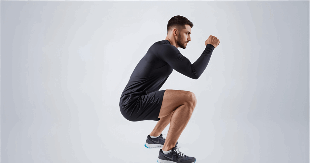 正しいフォームでスクワットをする男性