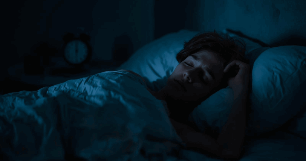 睡眠不足で疲れている様子