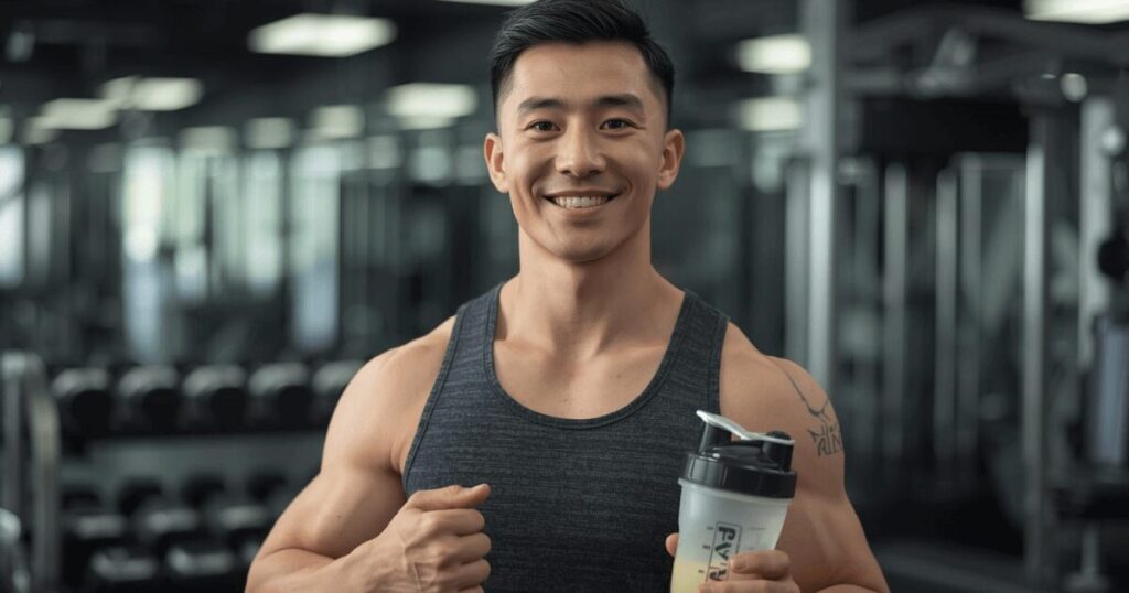 EAAサプリメントを飲んでトレーニングしている男性