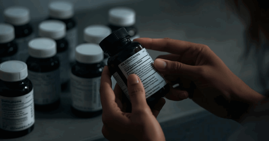 サプリメントの注意点を確認している様子