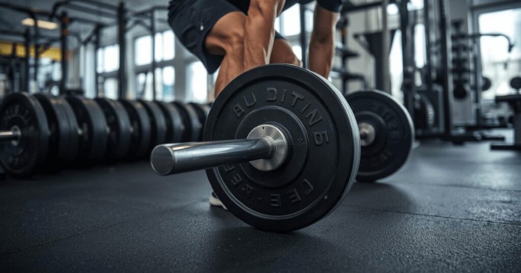 ジムでバーベルにプレートをセットしている様子