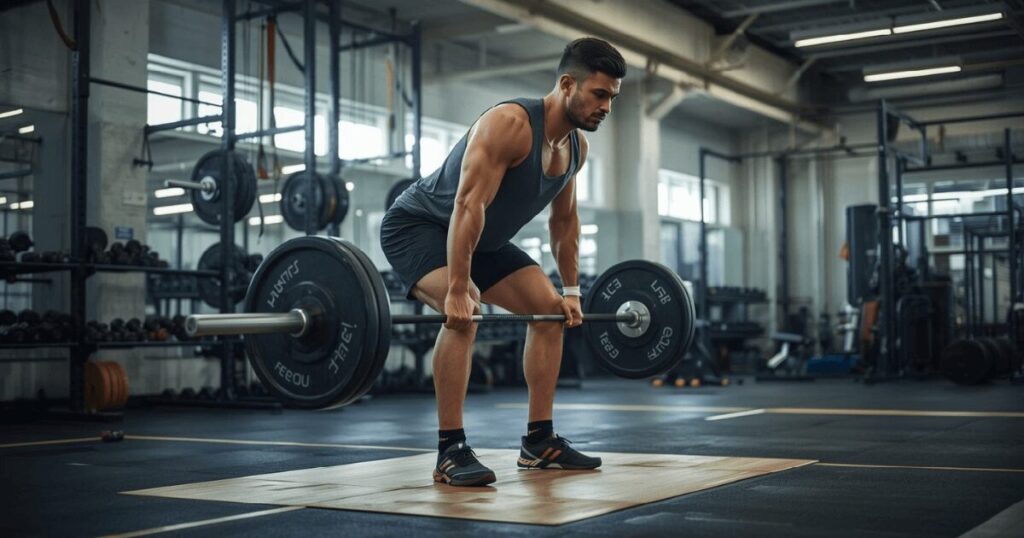 ジムでバーベルを使ってデッドリフトを行う男性トレーニーの様子