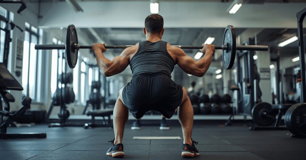 ジムでバーベルスクワットをしている男性