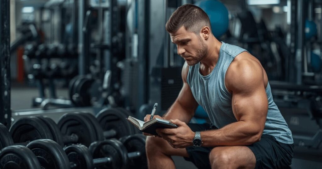 スクワットの回数とセット数を記録している様子