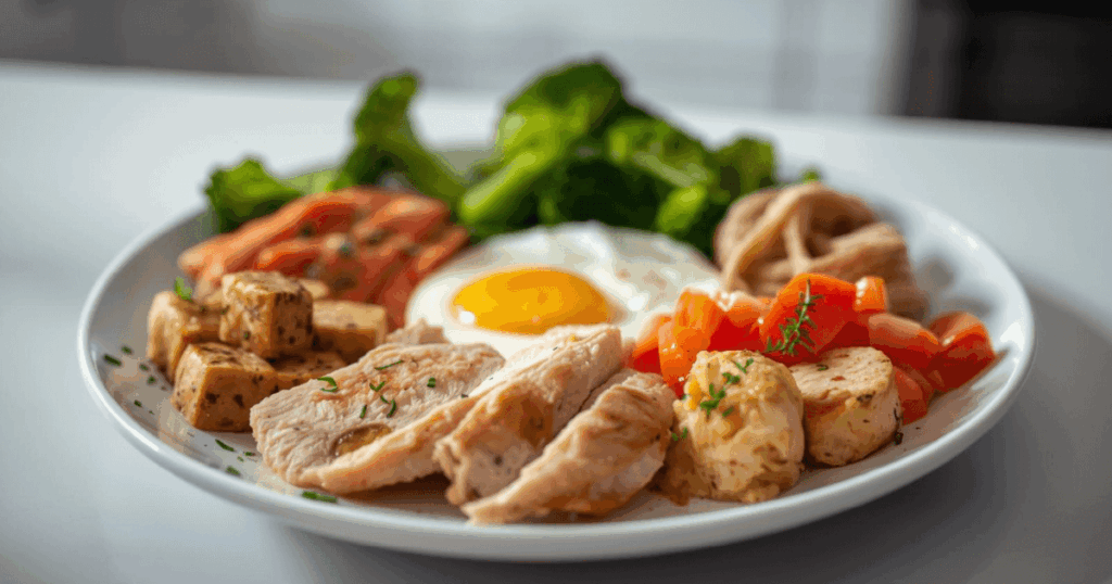 タンパク質が豊富な食事とプロテインのイメージ