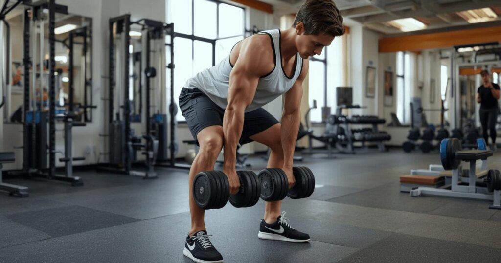 ダンベルを使ってデッドリフトのバリエーションを行う様子