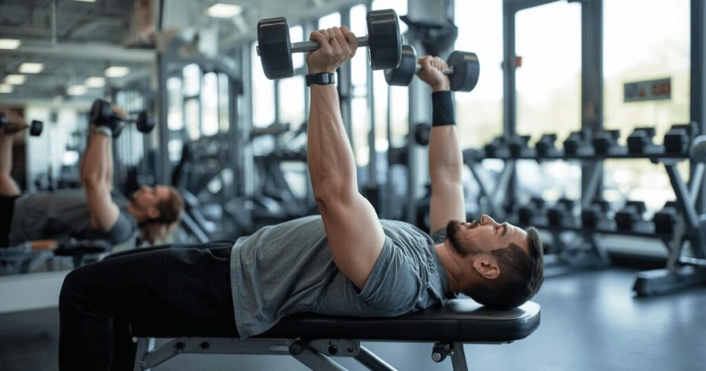 ダンベルベンチプレスを行っている様子