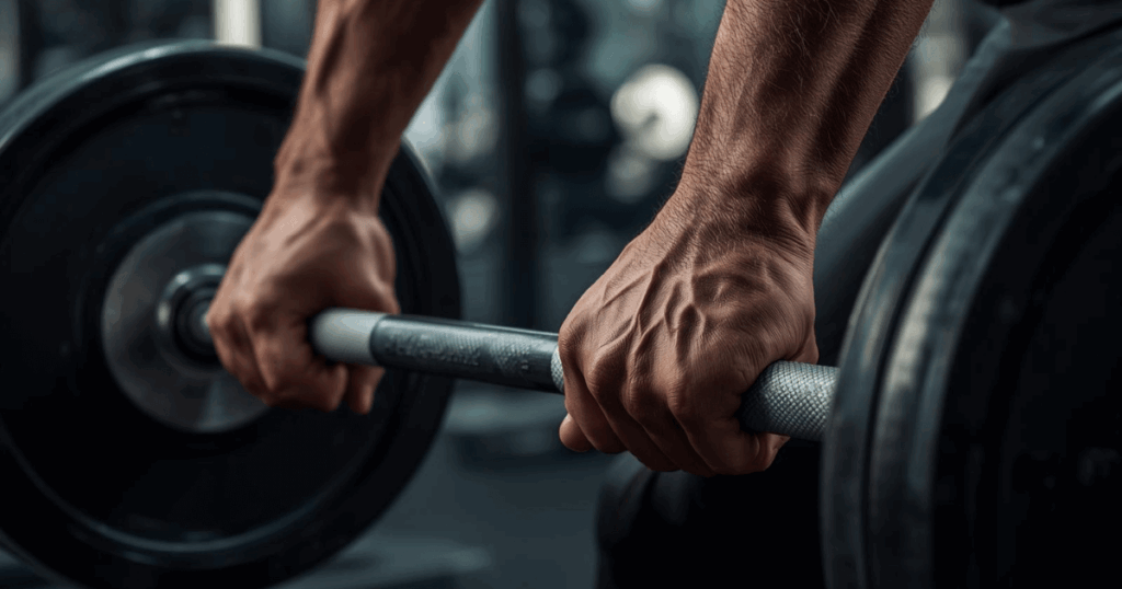 デッドリフトでバーベルを握る手元のクローズアップ
