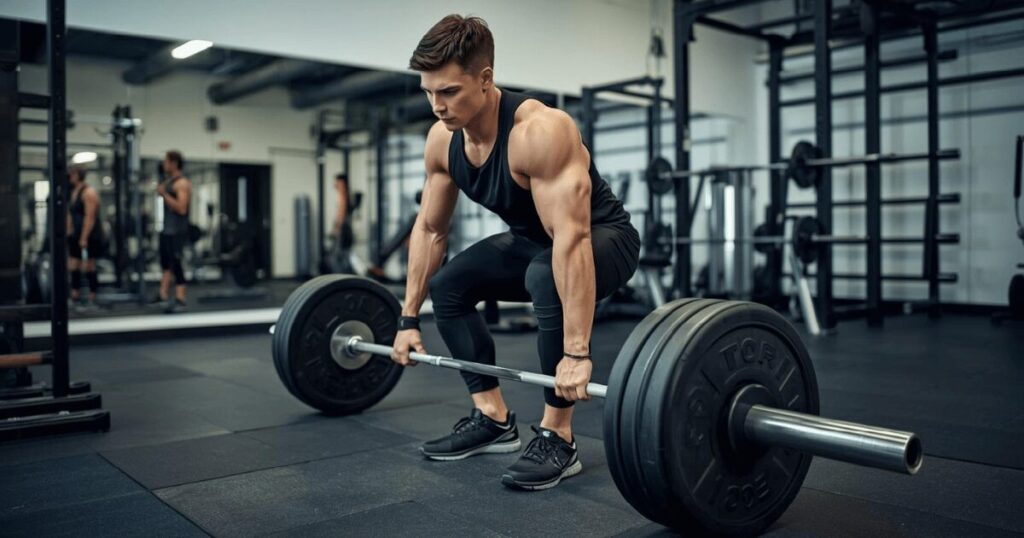 デッドリフトで正しいフォームを意識してトレーニングする様子