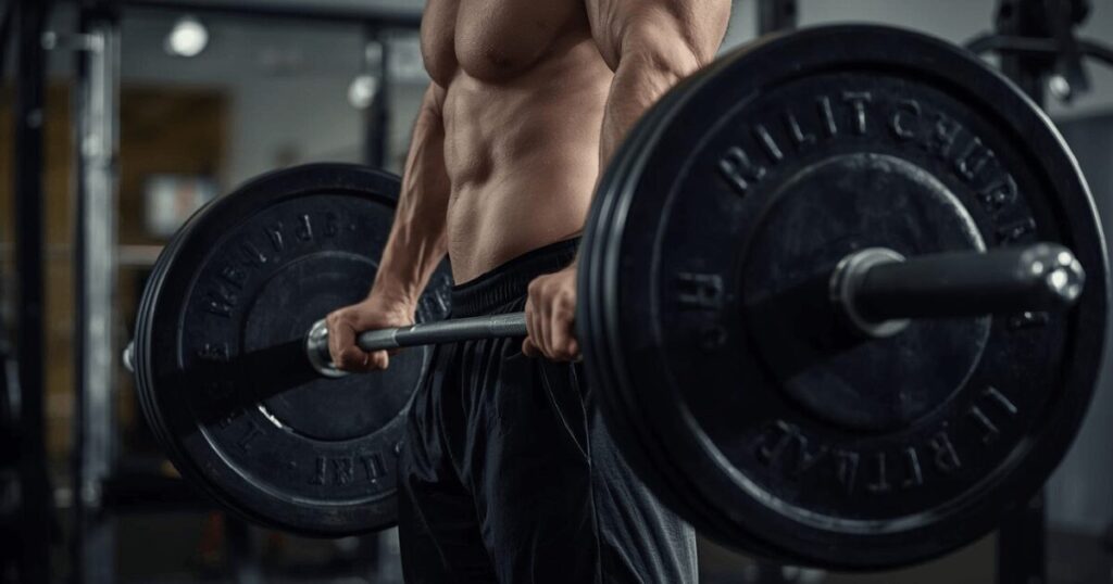 デッドリフトの正しいフォームでバーベルを持ち上げる瞬間