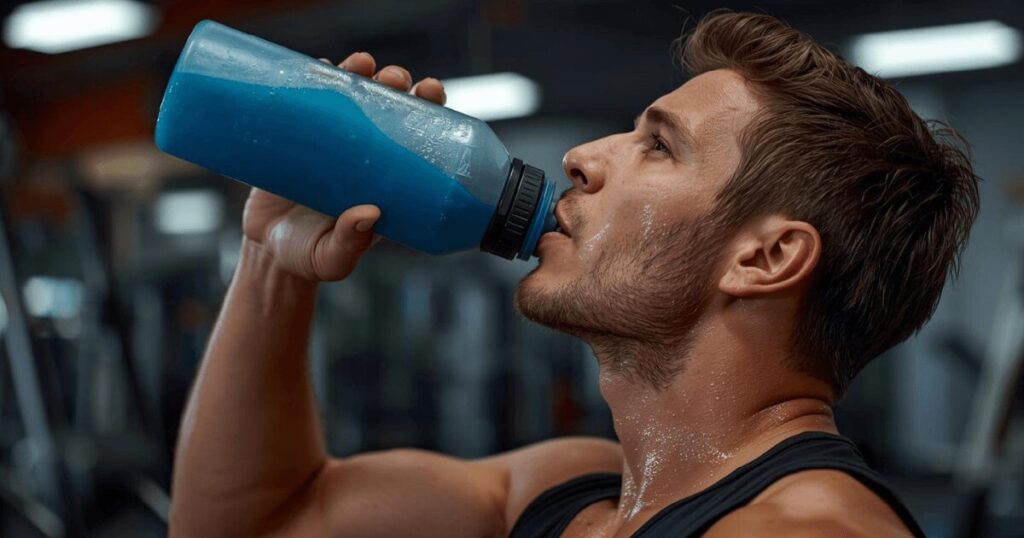 トレーニング中にBCAAドリンクを飲んでいる様子