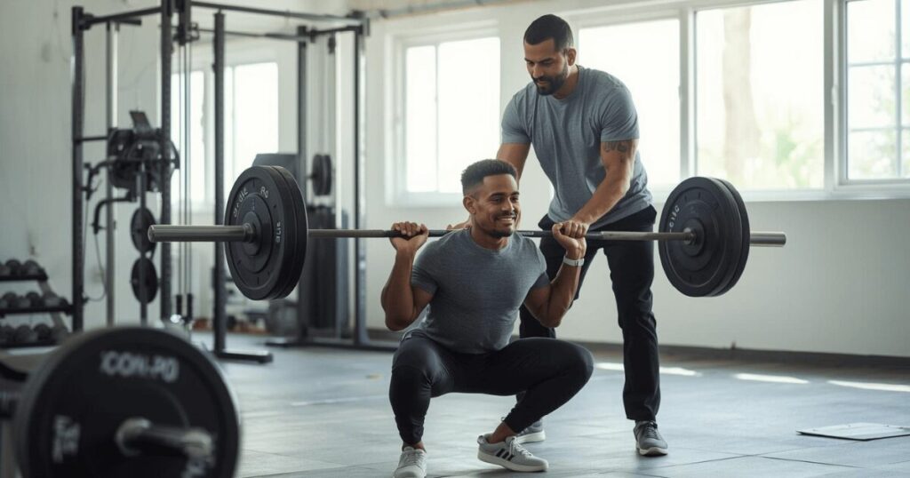 パーソナルトレーナーがクライアントにマンツーマンで筋トレを指導している様子