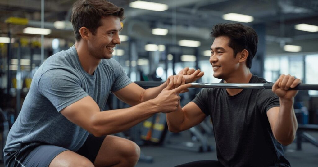 パーソナルトレーナーが初心者に正しいフォームを指導している様子