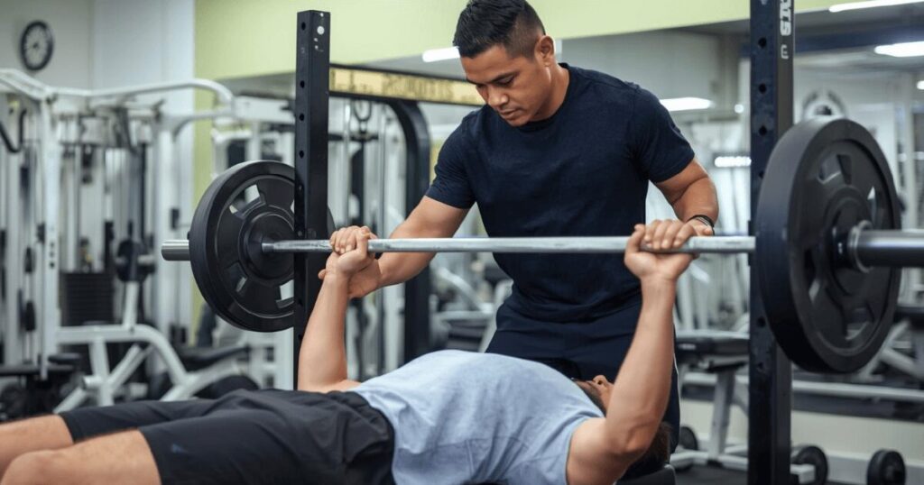 パーソナルトレーニングでベンチプレスを指導してもらっている様子