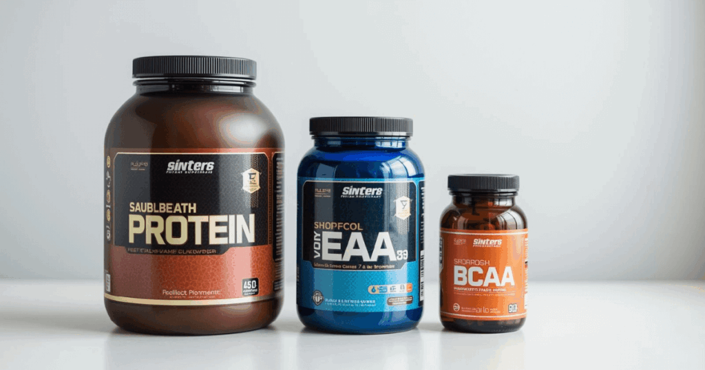 プロテインとEAAとBCAAのサプリメントが並んでいる様子