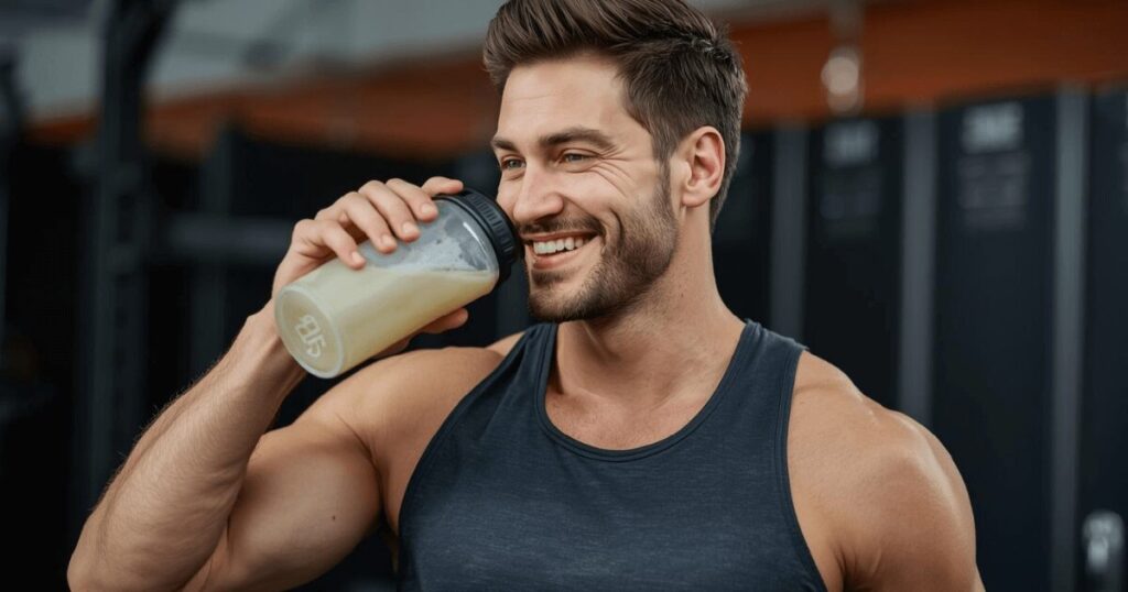 プロテインシェイクを飲む様子