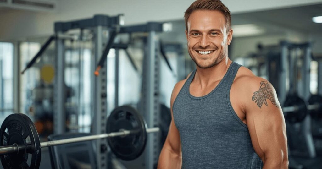 ベンチプレスのトレーニングを終えて達成感を感じている様子