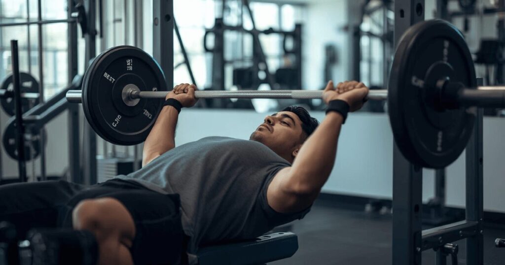 ベンチプレスの正しいフォームを実践している様子