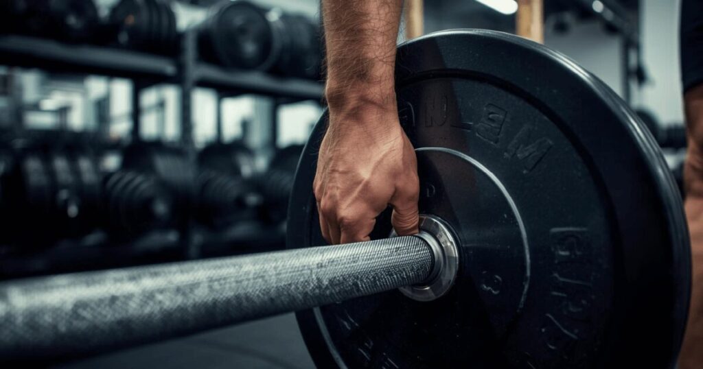 ベンチプレスの重量設定を確認している様子