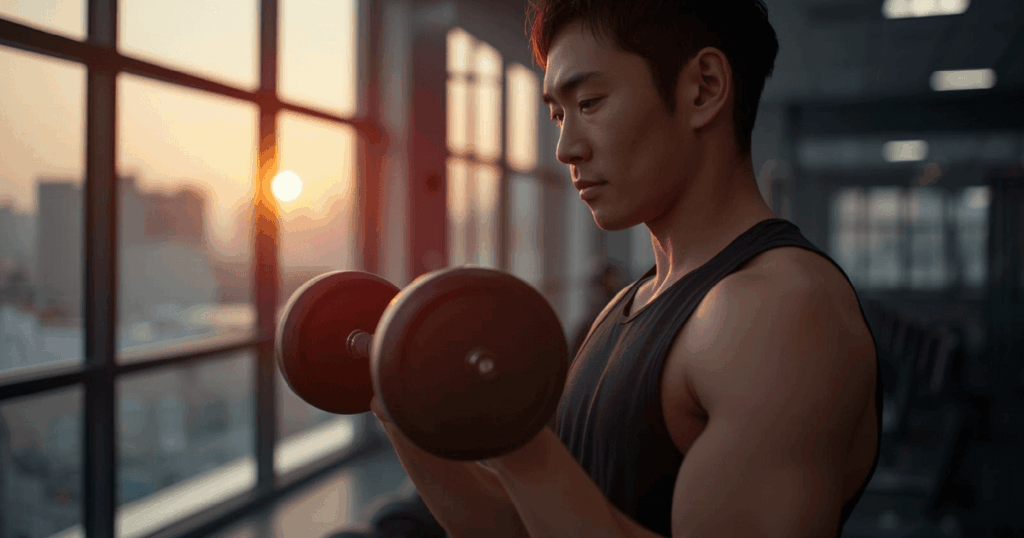 夕方にジムでトレーニングする男性の様子