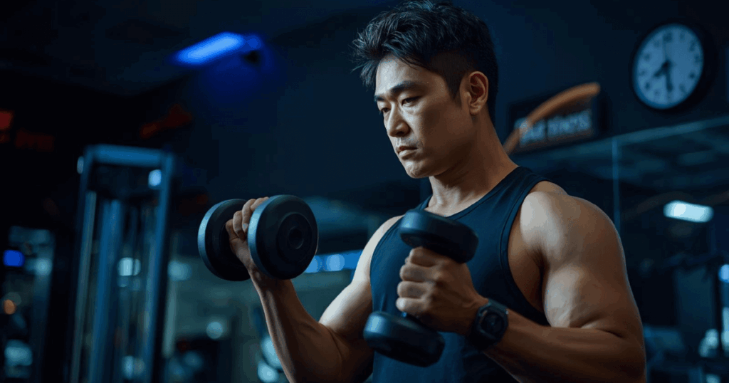 夜のジムでトレーニングする人