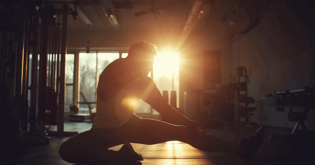 早朝にジムでトレーニングを行う様子