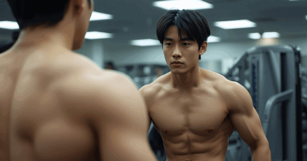 筋トレを始めたばかりの初心者が鏡で自分の体をチェックしている様子