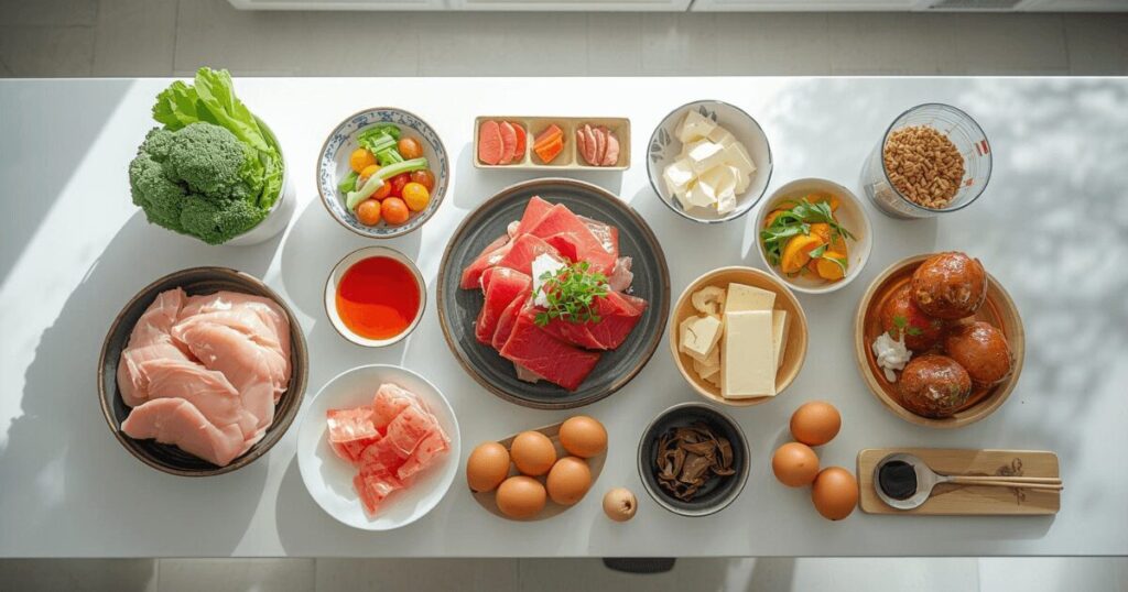 グルタミンを多く含む肉や魚、大豆製品、卵などの食材が並んでいる様子