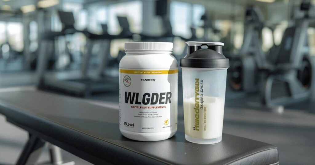 グルタミンサプリメントのパウダーとシェイカーがジムに置かれている様子