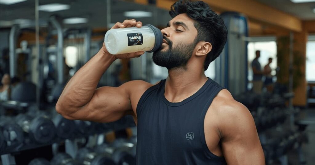 ジムでダンベルトレーニングをしている男性がトレーニング後にサプリメントを飲んでいる様子