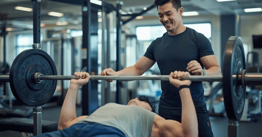 ジムでパーソナルトレーニングを受けている男性の様子