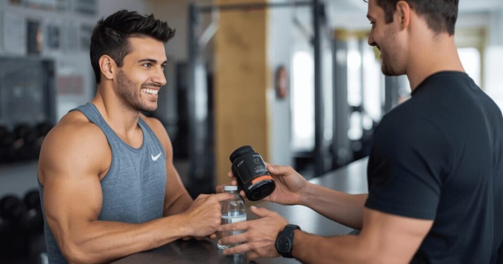 ジムで初心者の男性がトレーナーにサプリメントについて質問している様子